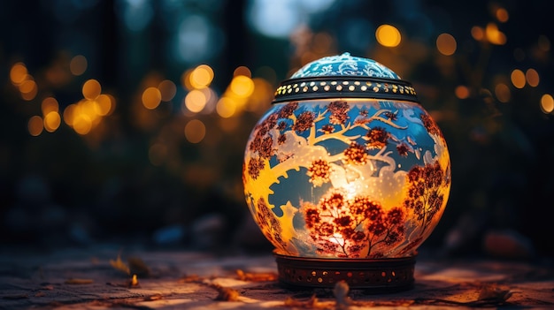 Una foto di una lanterna incandescente a forma di terra con intricati motivi