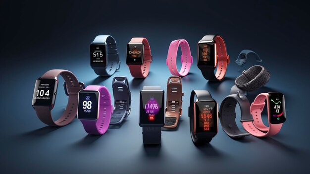 Una foto di una linea di diversi fitness tracker