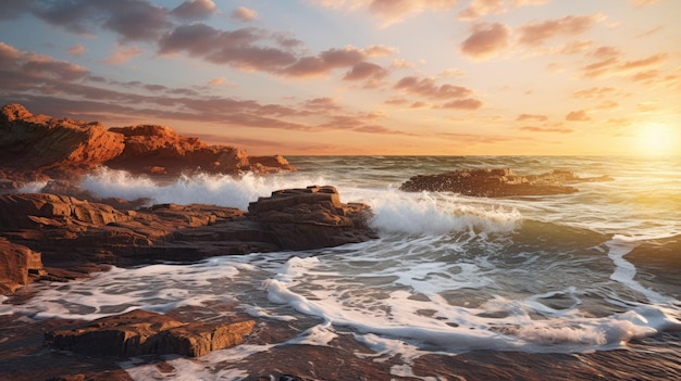 Una foto di una località costiera con una costa rocciosa che fa crollare le onde