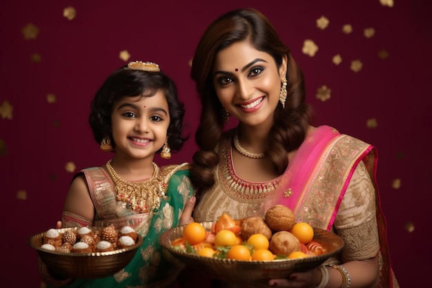 Una foto di una madre e una figlia indiane felici in abiti tradizionali che tengono in mano un piatto di dolci laddu che celebrano il festival di Diwali