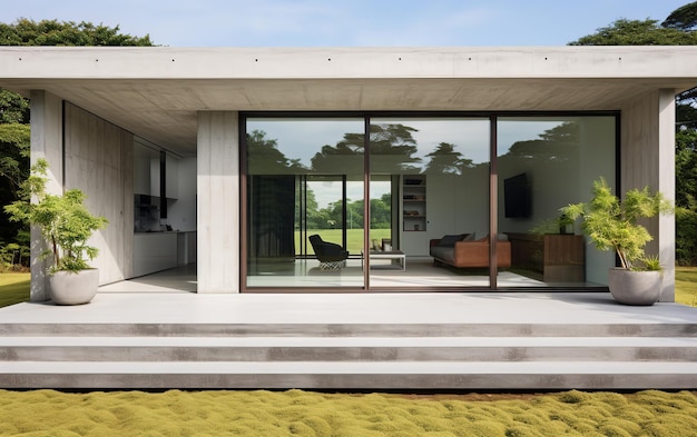 una foto di una moderna casa di cemento che ha le finestre aperte nello stile di uhd immagine giapponese min