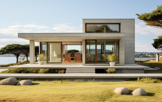 una foto di una moderna casa di cemento che ha le finestre aperte nello stile di uhd immagine giapponese min