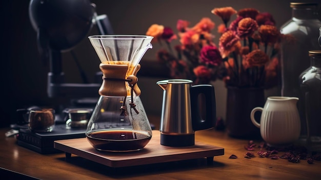 Una foto di una moderna configurazione di versamento con caffè appena fiorito