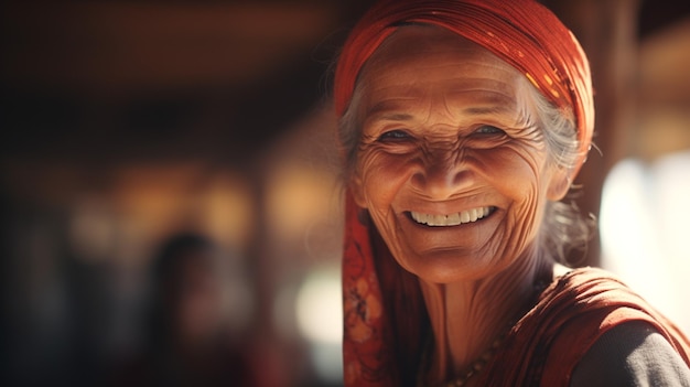 Una foto di una nonna che sorride magnificamente e sinceramente