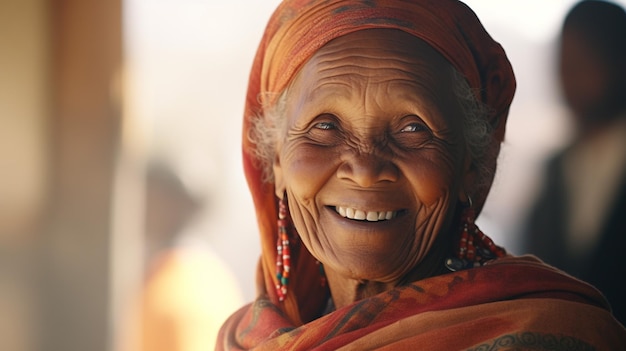 Una foto di una nonna che sorride magnificamente e sinceramente