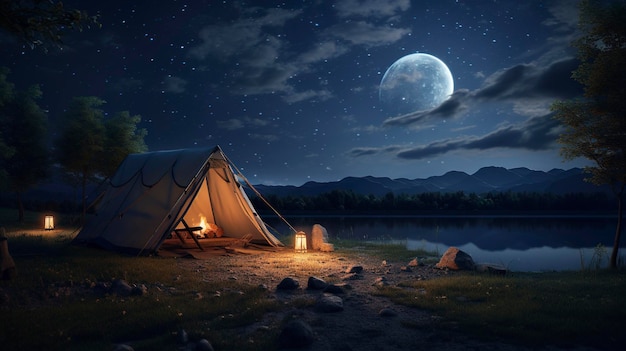 Una foto di una notte stellata con una tenda illuminata