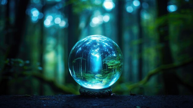 Una foto di una palla di cristallo sullo sfondo di una foresta nebbiosa