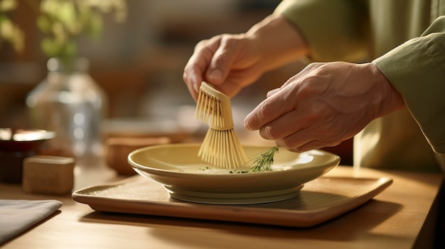 Una foto di una persona che usa una spazzola con setole di bambù sui piatti