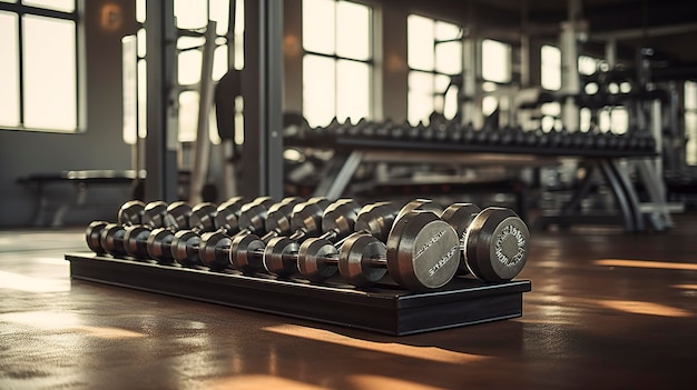 Una foto di una pila di manubri in uno studio di fitness