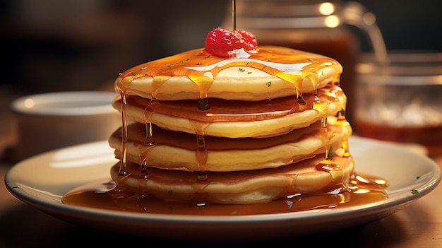 Una foto di una pila di pancake soffici spruzzati di sciroppo