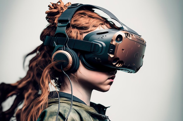 Una foto di una ragazza che usa un visore Oculus Quest su sfondo bianco metaverso