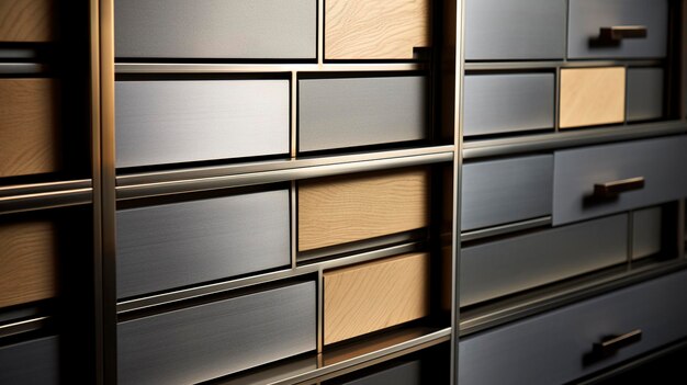 Una foto di una ripresa iper dettagliata di un armadio di archiviazione modulare con cassetti e porte scorrevoli