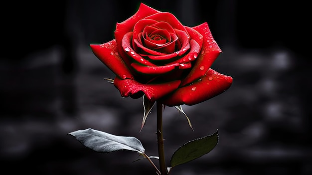 Una foto di una rosa rossa in fiore su uno sfondo bianco e nero