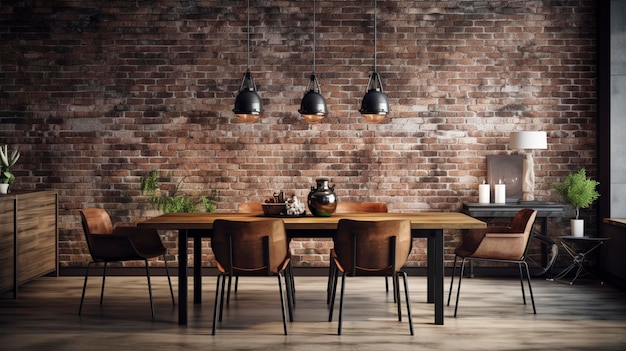 Una foto di una sala da pranzo in stile industriale con pareti di mattoni a vista e accenti metallici