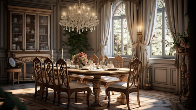 Una foto di una sala da pranzo tradizionale con un lampadario