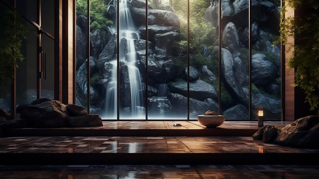 Una foto di una sala di meditazione spa con una cascata