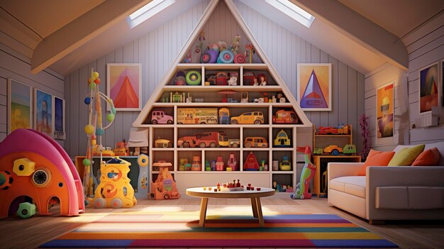 Una foto di una sala giochi colorata con giocattoli interattivi e decorazioni adatte ai bambini