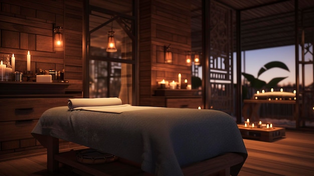 Una foto di una sala massaggi della spa con un arredamento calmante