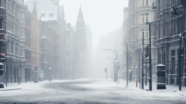 una foto di una scena cittadina innevata strade coperte di neve cielo d'inverno grigio