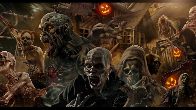 una foto di una scena spaventosa con un uomo spaventoso in un costume di Halloween