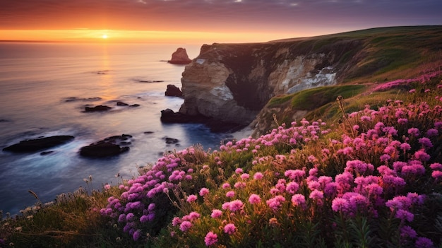 Una foto di una scogliera costiera con fiori selvatici al tramonto