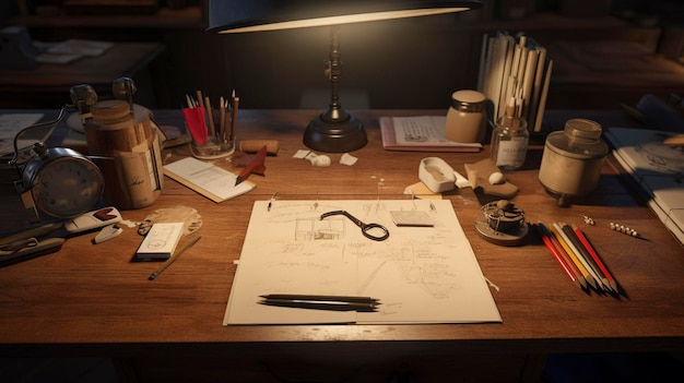 Una foto di una scrivania con una varietà di strumenti da scrittura e graffette