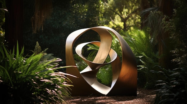 Una foto di una scultura geometrica con curve intersecanti sullo sfondo del giardino botanico