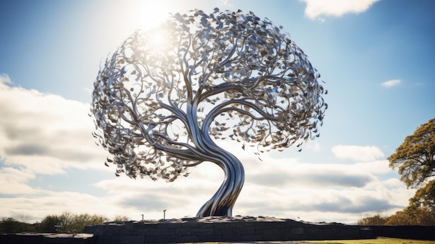 Una foto di una scultura in metallo in un parco con alberi e cielo sullo sfondo