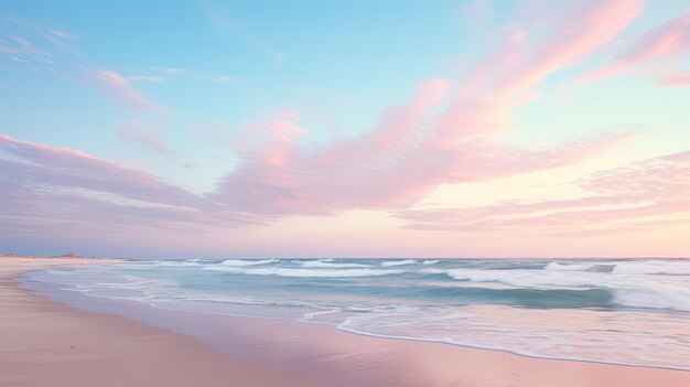 una foto di una spiaggia all'alba prima luce blu morbido e rosa