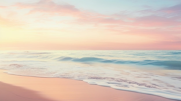 Una foto di una spiaggia appartata all'alba in colori pastello morbidi