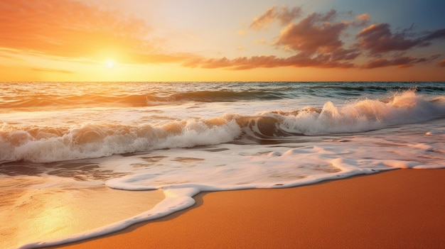 Una foto di una spiaggia con le onde che si infrangono la luce del sole dell'ora d'oro