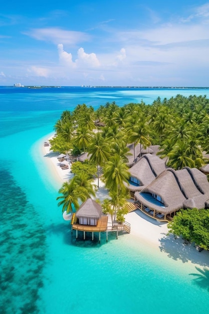 una foto di una spiaggia con palme e una casa sulla spiaggia
