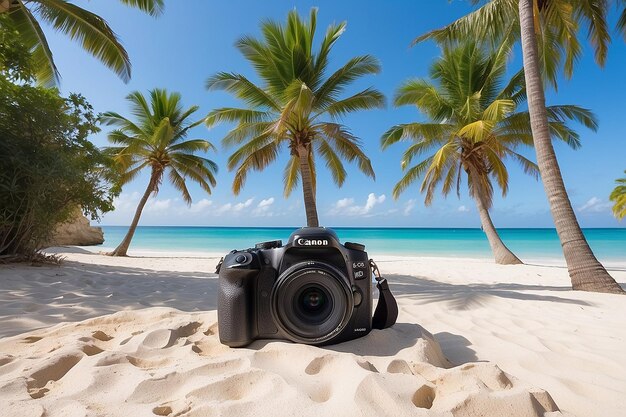 Una foto di una spiaggia con palme e una telecamera