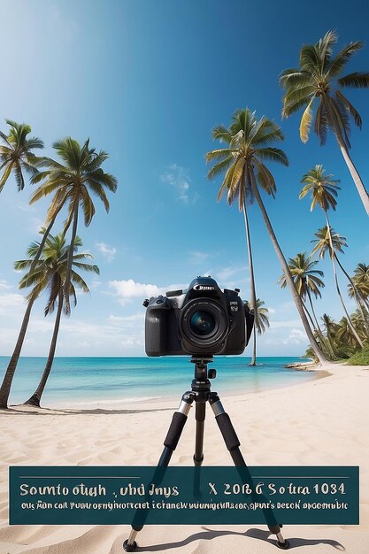 Una foto di una spiaggia con palme e una telecamera