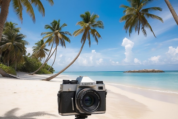 Una foto di una spiaggia con palme e una telecamera