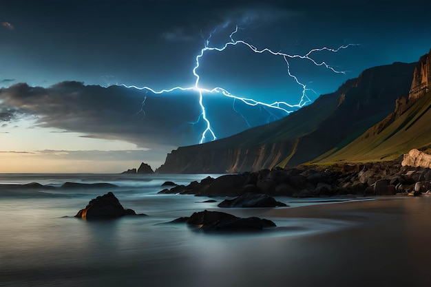Una foto di una spiaggia con un fulmine in cima.