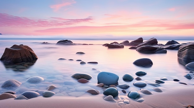 Una foto di una spiaggia rocciosa all'alba in tonalità pastello morbide