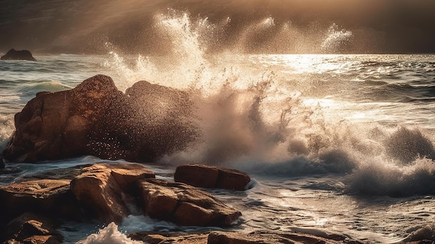 Una foto di una spiaggia rocciosa con le onde che si infrangono contro di essa.