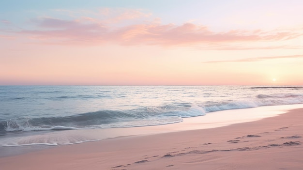 Una foto di una spiaggia tranquilla al crepuscolo con la luce morbida dell'ora d'oro
