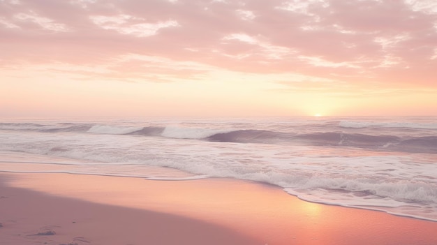 Una foto di una spiaggia tranquilla al tramonto sullo sfondo di un oceano calmo