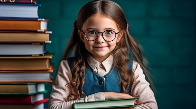 Una foto di una studentessa bianca con uno zaino In classe la ragazza tiene in mano una pila di libri di testo The Generative AI