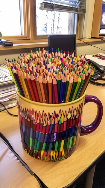 una foto di una tazza piena di matite colorate su una scrivania degli studenti e posizionata a destra