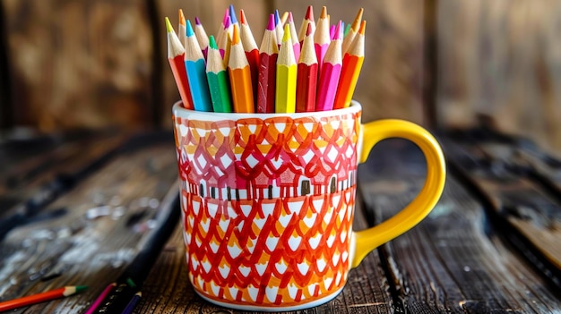 una foto di una tazza piena di matite colorate su una scrivania degli studenti e posizionata a destra