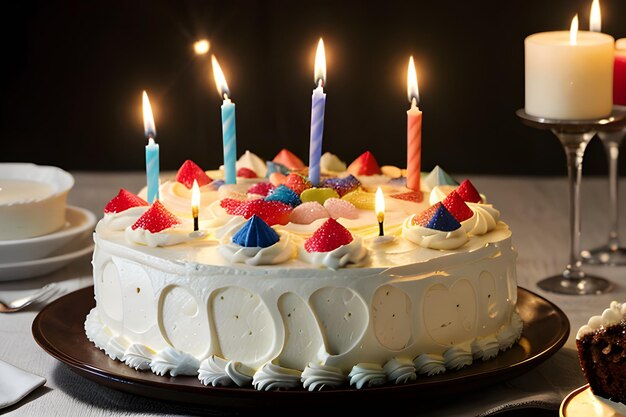 Una foto di una torta di compleanno con candele