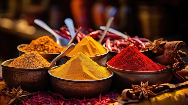 Una foto di una varietà di spezie colorate sullo sfondo del mercato delle spezie esotiche