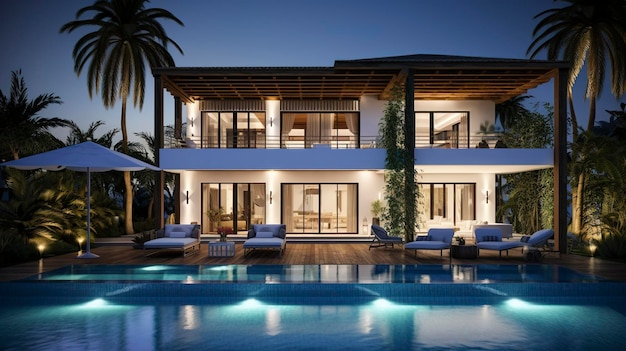Una foto di una villa di lusso con una piscina privata