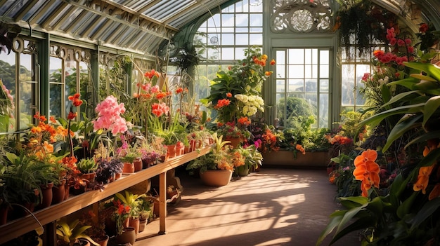 Una foto di una vivace serra piena di varie piante e fiori