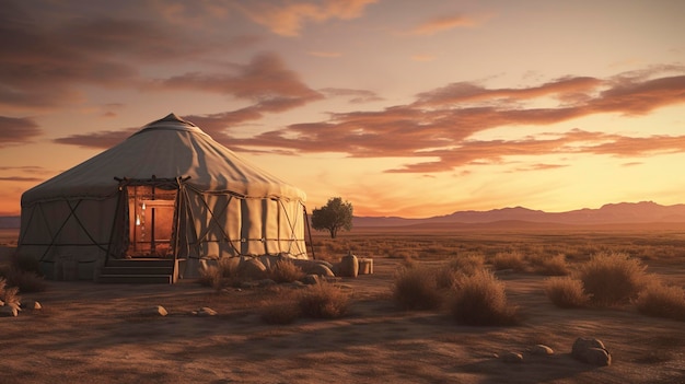 Una foto di una yurta del deserto sostenibile al tramonto