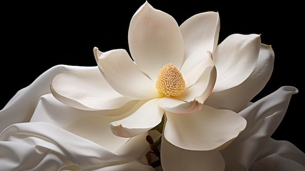 Una foto di uno scatto iper dettagliato di un fiore di magnolia con i suoi grandi petali e il suo profumo fragrante