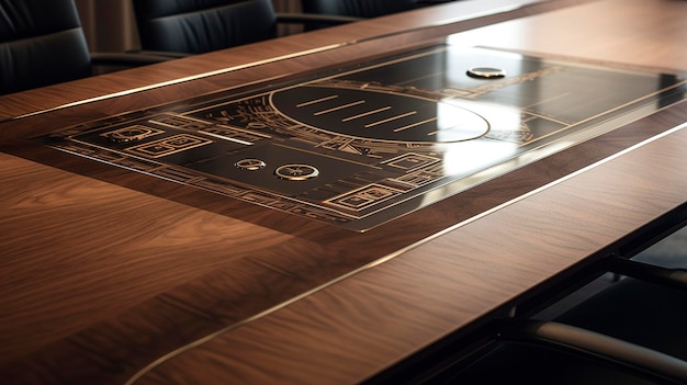Una foto di uno scatto iper dettagliato di un tavolo da conferenza con legno lucidato